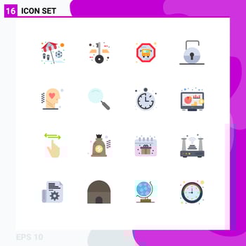 Set of 16 Modern UI Icons Symbols Signs for wellness love public transit head security Editable Pack of Creative Vector Design Elements