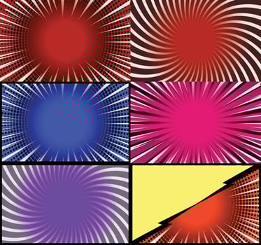 Comic book colorful frames background with halftone rays radial and dotted effects pop art style vector