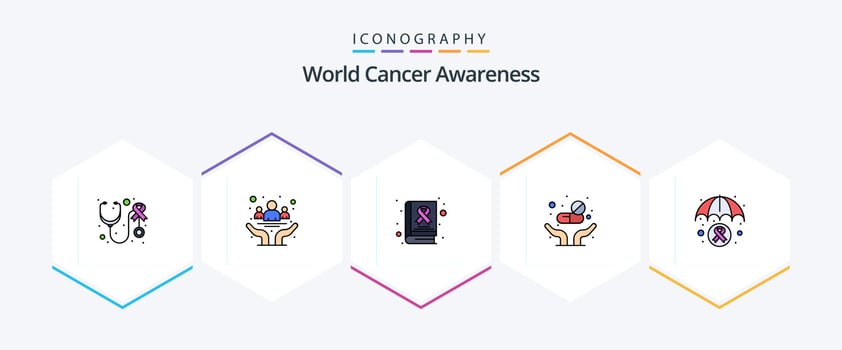 World Cancer Awareness 25 FilledLine icon pack including health. tablets. health. pills. day vector