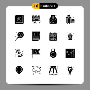 16 Thematic Vector Solid Glyphs and Editable Symbols of sperms luggage mail case bag Editable Vector Design Elements