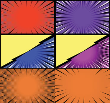 Comic book colorful frames background with halftone rays radial and dotted effects pop art style vector