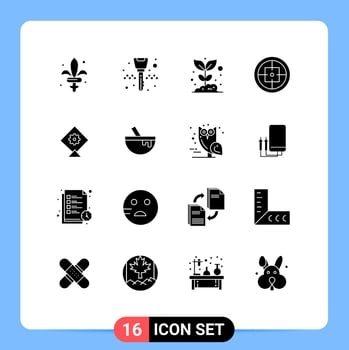 Pack of 16 creative Solid Glyphs of target military agriculture badge plant Editable Vector Design Elements