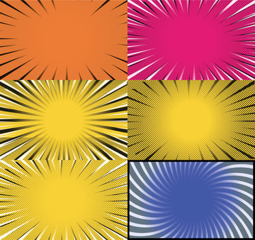 Comic book colorful frames background with halftone rays radial and dotted effects pop art style vector