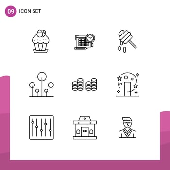 Modern Set of 9 Outlines and symbols such as coins tree focus nature forest Editable Vector Design Elements