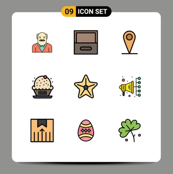 Pictogram Set of 9 Simple Filledline Flat Colors of starfish sea map beach celebration Editable Vector Design Elements