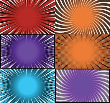 Comic book colorful frames background with halftone rays radial and dotted effects pop art style vector