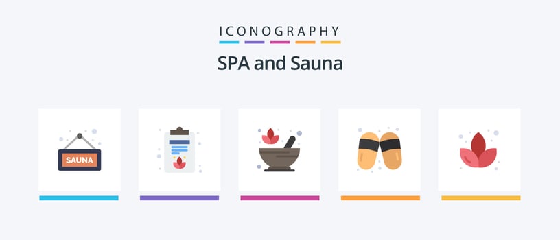 Sauna Flat 5 Icon Pack Including sauna. lotus. pharmacy. slippers. woman. Creative Icons Design vector