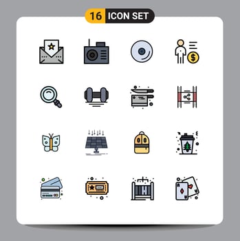 Universal Icon Symbols Group of 16 Modern Flat Color Filled Lines of glass search video find money Editable Creative Vector Design Elements