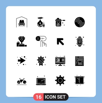 User Interface Pack of 16 Basic Solid Glyphs of champion bowl pan music disc Editable Vector Design Elements