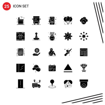 25 Universal Solid Glyph Signs Symbols of app data scince mobile cloud party Editable Vector Design Elements