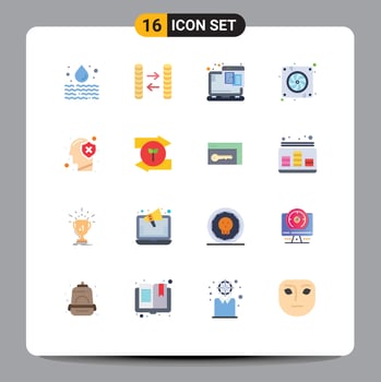 Mobile Interface Flat Color Set of 16 Pictograms of human brain web hardware device Editable Pack of Creative Vector Design Elements