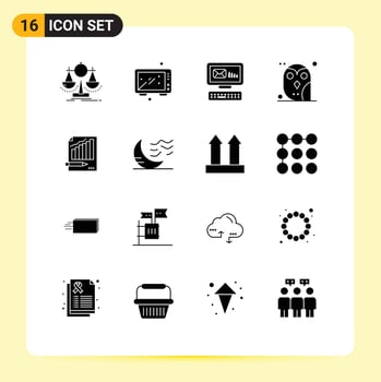 Editable Vector Line Pack of 16 Simple Solid Glyphs of owl bird kitchen animal marketing Editable Vector Design Elements