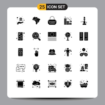 Group of 25 Solid Glyphs Signs and Symbols for light fire bag down decrease Editable Vector Design Elements