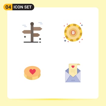 Editable Vector Line Pack of 4 Simple Flat Icons of navigation heart travelling coin loves Editable Vector Design Elements