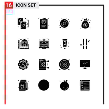 Set of 16 Vector Solid Glyphs on Grid for blueprint money computer dollar bag Editable Vector Design Elements