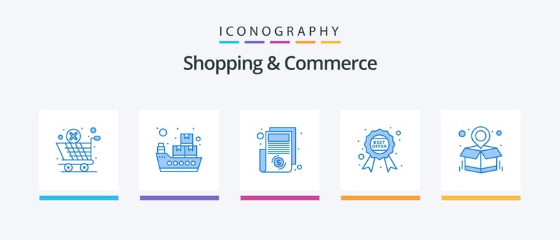 Shopping And Commerce Blue 5 Icon Pack Including parcel destination. offer. document. quality. badge. Creative Icons Design vector