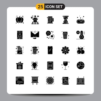 25 User Interface Solid Glyph Pack of modern Signs and Symbols of clean watch seminar hour hotel Editable Vector Design Elements