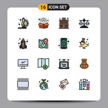16 User Interface Flat Color Filled Line Pack of modern Signs and Symbols of pin science hotel rocket scale Editable Creative Vector Design Elements