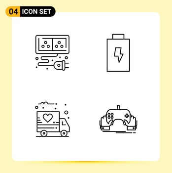 Line Pack of 4 Universal Symbols of adapter transport energy electric gaming Editable Vector Design Elements