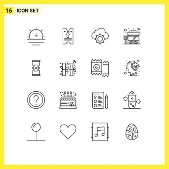 Pictogram Set of 16 Simple Outlines of time city bus terminal cloud stop settings Editable Vector Design Elements