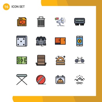 Mobile Interface Flat Color Filled Line Set of 16 Pictograms of dice train marketing railway promotion Editable Creative Vector Design Elements