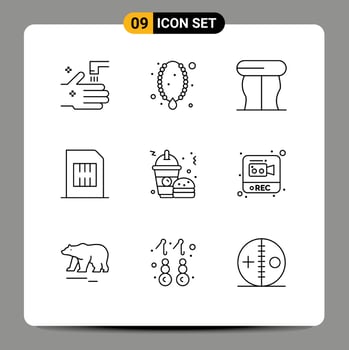 Pack of 9 Modern Outlines Signs and Symbols for Web Print Media such as fast food mobile pendant devices card Editable Vector Design Elements