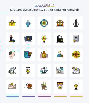 Creative Strategic Management And Strategic Market Research 25 Line FIlled icon pack  Such As technology. strategy. goal. computer. dollar vector