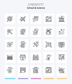 Creative School And Science 25 OutLine icon pack  Such As building. research. chemical. online. beaker vector
