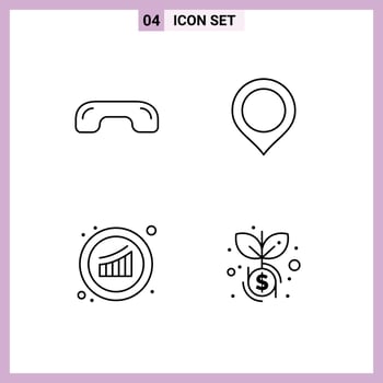 Mobile Interface Line Set of 4 Pictograms of decline graph phone map marketing Editable Vector Design Elements