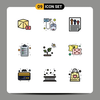 Group of 9 Modern Filledline Flat Colors Set for biology clipboard mail check list page Editable Vector Design Elements