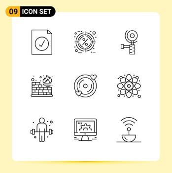 9 Universal Outlines Set for Web and Mobile Applications wedding love construction disk firewall Editable Vector Design Elements