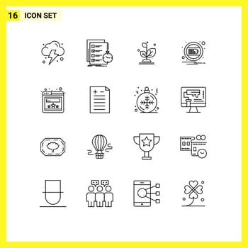 16 Thematic Vector Outlines and Editable Symbols of rating notification plant interface battery Editable Vector Design Elements