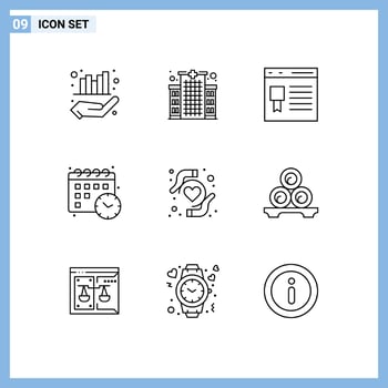Group of 9 Modern Outlines Set for heart health time browser date website Editable Vector Design Elements