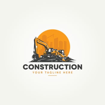excavator and skid steer machine construction icon label logo template vector illustration design. heavy equipment land clearing machine logo concept