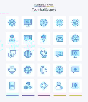 Creative Technical Support 25 Blue icon pack  Such As gear. setting. about. globe. support vector