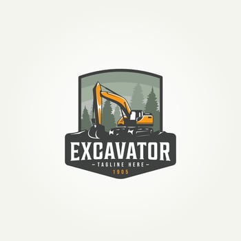 excavator machine construction icon label emblem logo template vector illustration design. heavy equipment badge logo concept