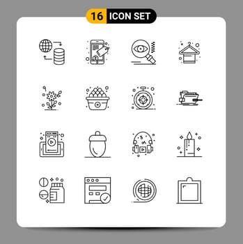 Pack of 16 Modern Outlines Signs and Symbols for Web Print Media such as heart flower search fashion hanger Editable Vector Design Elements