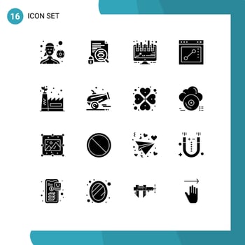 User Interface Pack of 16 Basic Solid Glyphs of cannon ecology factory analytics eco manufacturing draw Editable Vector Design Elements