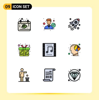 Pack of 9 Modern Filledline Flat Colors Signs and Symbols for Web Print Media such as box present right gift startup Editable Vector Design Elements