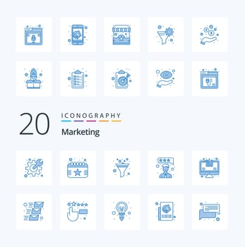 20 Marketing Blue Color icon Pack like email analytics filter analysis feedback vector