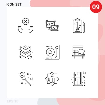 Editable Vector Line Pack of 9 Simple Outlines of media down head chevron think Editable Vector Design Elements