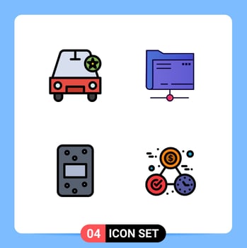 4 User Interface Filledline Flat Color Pack of modern Signs and Symbols of car food vehicles server clock Editable Vector Design Elements