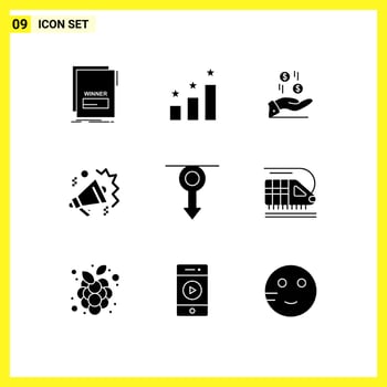 Set of 9 Commercial Solid Glyphs pack for boy sound hand real estate charity Editable Vector Design Elements