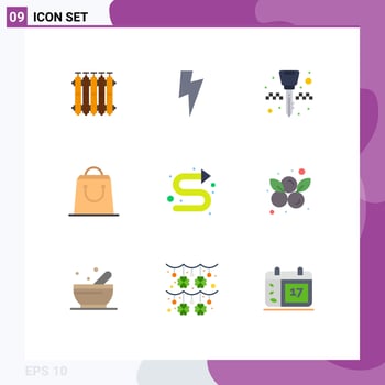 Pack of 9 Modern Flat Colors Signs and Symbols for Web Print Media such as indicator arrows equipment shopping bag Editable Vector Design Elements