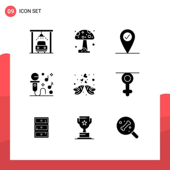 Modern Set of 9 Solid Glyphs Pictograph of gender love karaoke heart kissing Editable Vector Design Elements