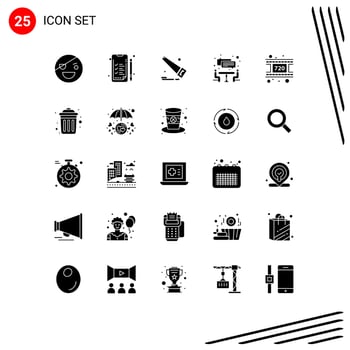 25 Thematic Vector Solid Glyphs and Editable Symbols of dustbin reel saw movie meeting Editable Vector Design Elements