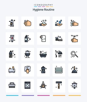 Creative Hygiene Routine 25 Line FIlled icon pack  Such As bath. paper. cosmetic. cleaning. detergent vector