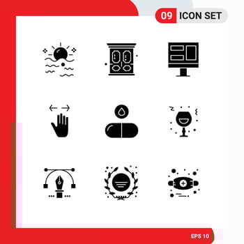 Pack of 9 creative Solid Glyphs of drug right clothes left hand Editable Vector Design Elements
