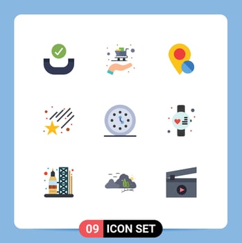 Pack of 9 creative Flat Colors of time clocks marker clock space Editable Vector Design Elements