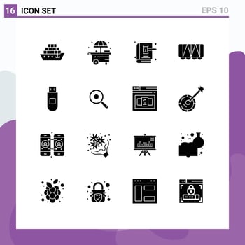 16 User Interface Solid Glyph Pack of modern Signs and Symbols of pan storage gavel usb vehicle Editable Vector Design Elements